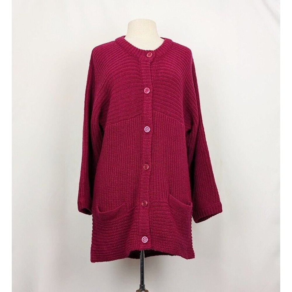 Vintage 80s Cardigan Sweater Dark Pink Longline Pockets Women's Size L